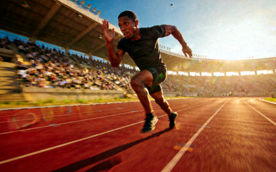 田径运动员在跑道上冲刺的瞬间